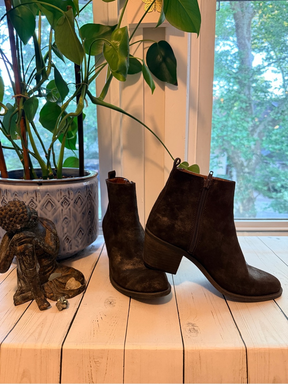 Lucky Brand | Dark Brown Metallic Suede Ankle Booties